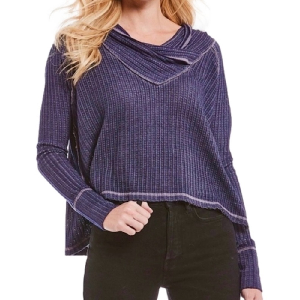 We The Free Free People Wildcat Thermal Cowl Neck Long Sleeve Top Blue Medium
